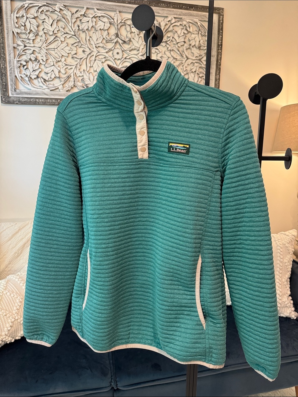 L.L.Bean Teal Quilted Snap-Front Fleece with Cream Trim